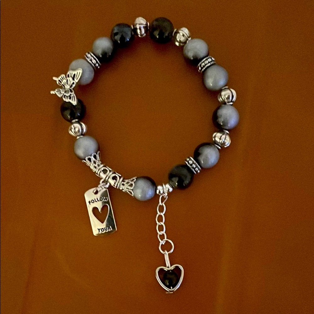 Silver and Black Beaded Charm Bracelet with Animal Head